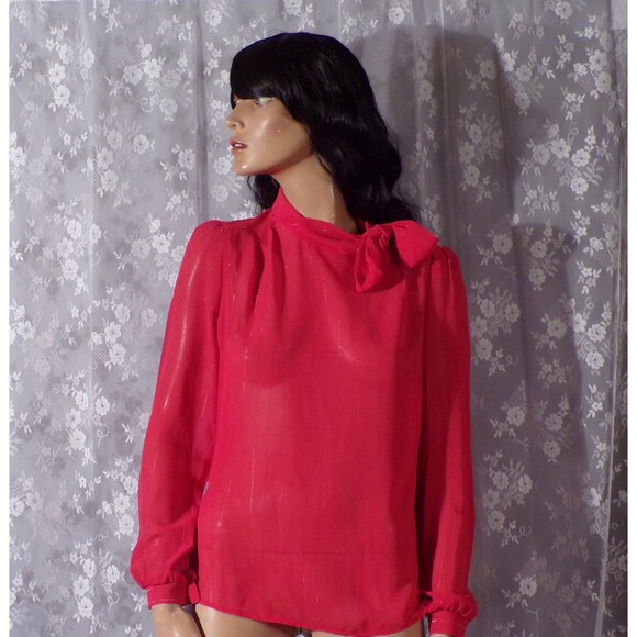 Jonathan Martin Vintage 70s Sheer Red Pin Stripe Blouse Retro Size Small Medium - Picture 4 of 11